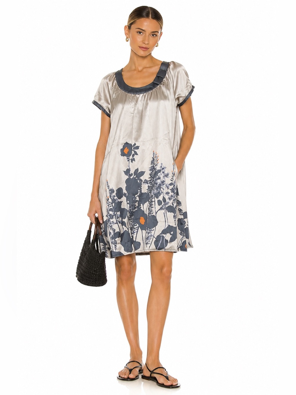 BCBGMaxAzria Ivory Satin Dress with Navy Floral and Orange Accents